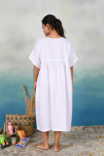 Handmade Linen Midi Dress, Empire Waist: back view of White midi dress with gathered waist