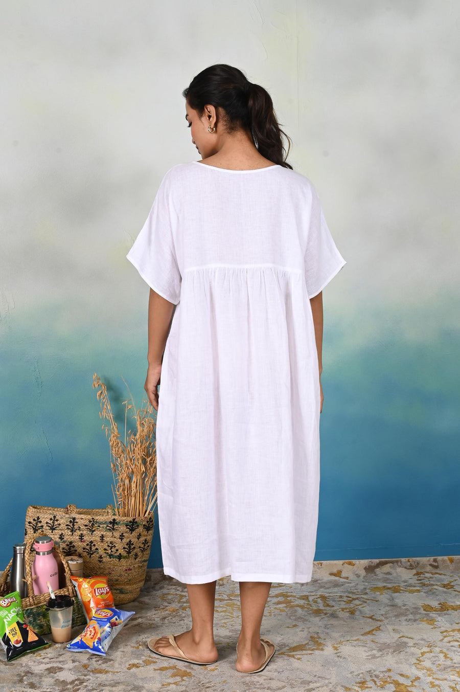 Handmade Linen Midi Dress, Empire Waist: back view of White midi dress with gathered waist
