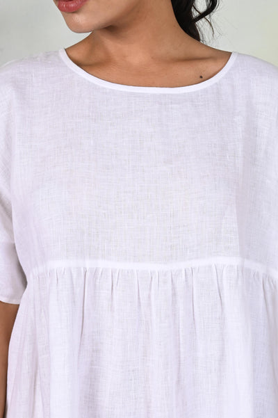Handmade Linen Midi Dress, Empire Waist: close-up of White dress round neck and gathered seam