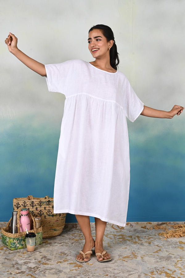 Handmade Linen Midi Dress, Empire Waist: woman in White linen midi dress with empire waist, arms out
