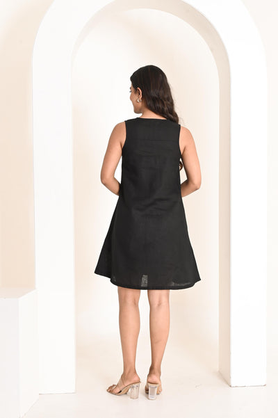 Handmade Linen Mini Dress, Sleeveless A-Line: Black sleeveless mini dress, back view
