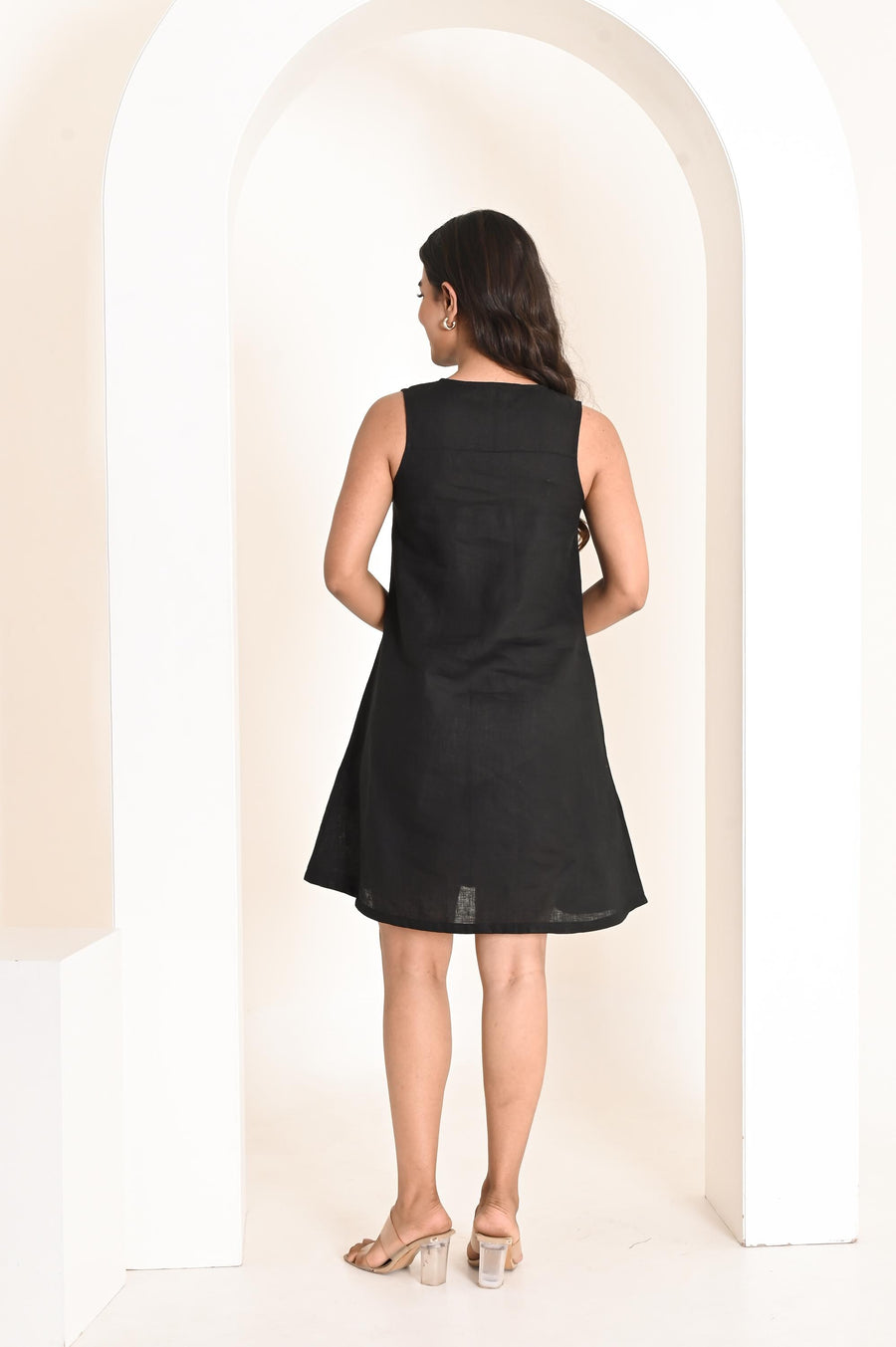 Handmade Linen Mini Dress, Sleeveless A-Line: Black sleeveless mini dress, back view