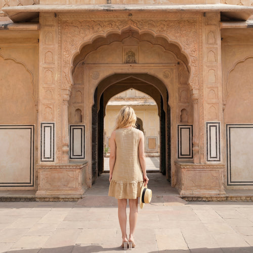 Beige Drop-Waist Linen Mini Dress