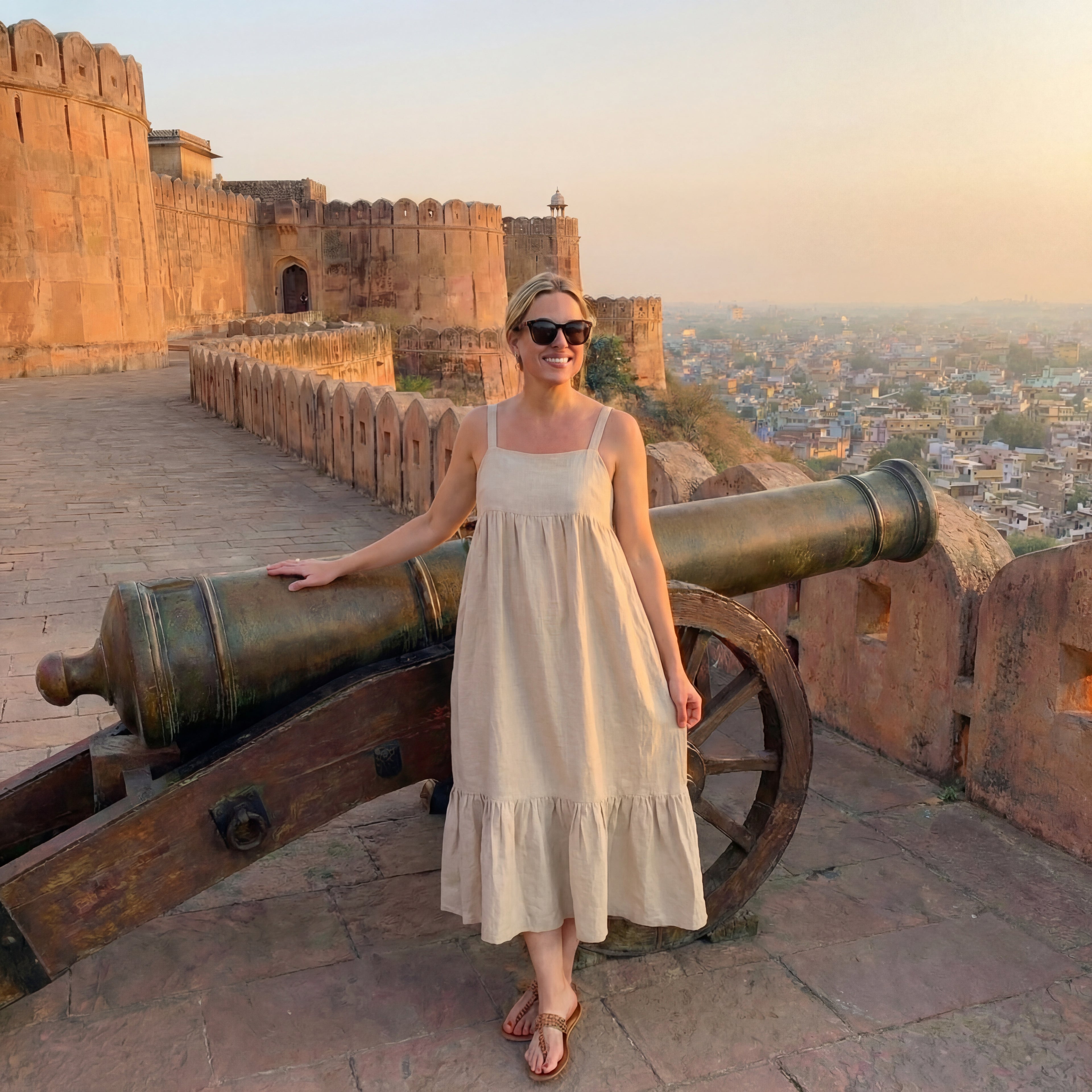 Natural Linen Strap Midi Dress