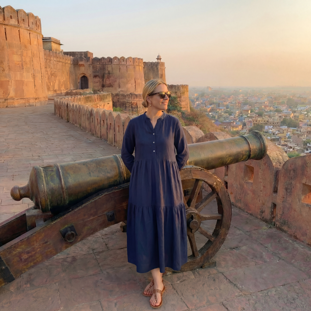 Navy Tiered Linen Midi Dress