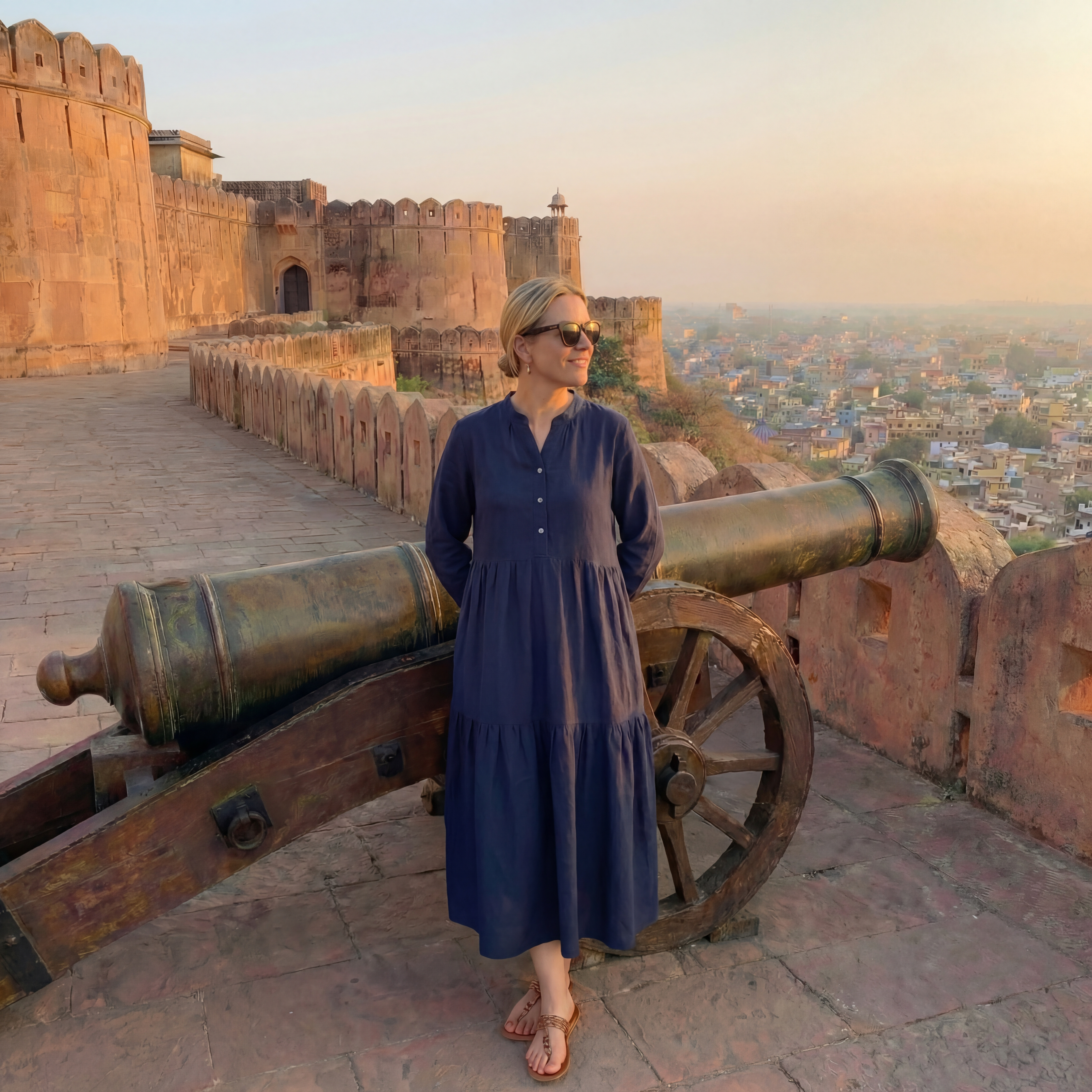 Navy Tiered Linen Midi Dress