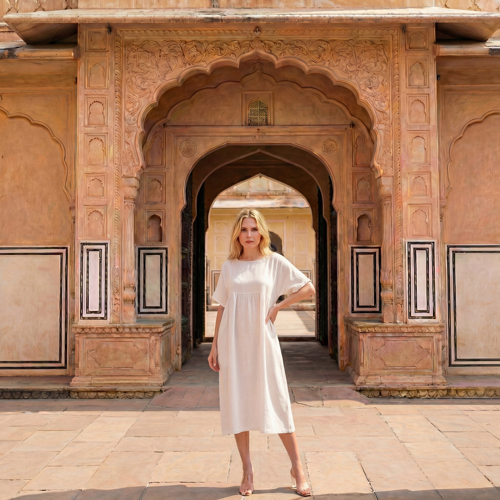 White Ease Linen Midi Dress