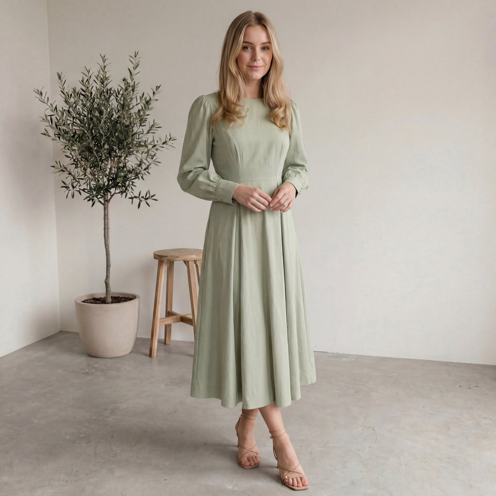 Sage Green Long Sleeve Midi Dress