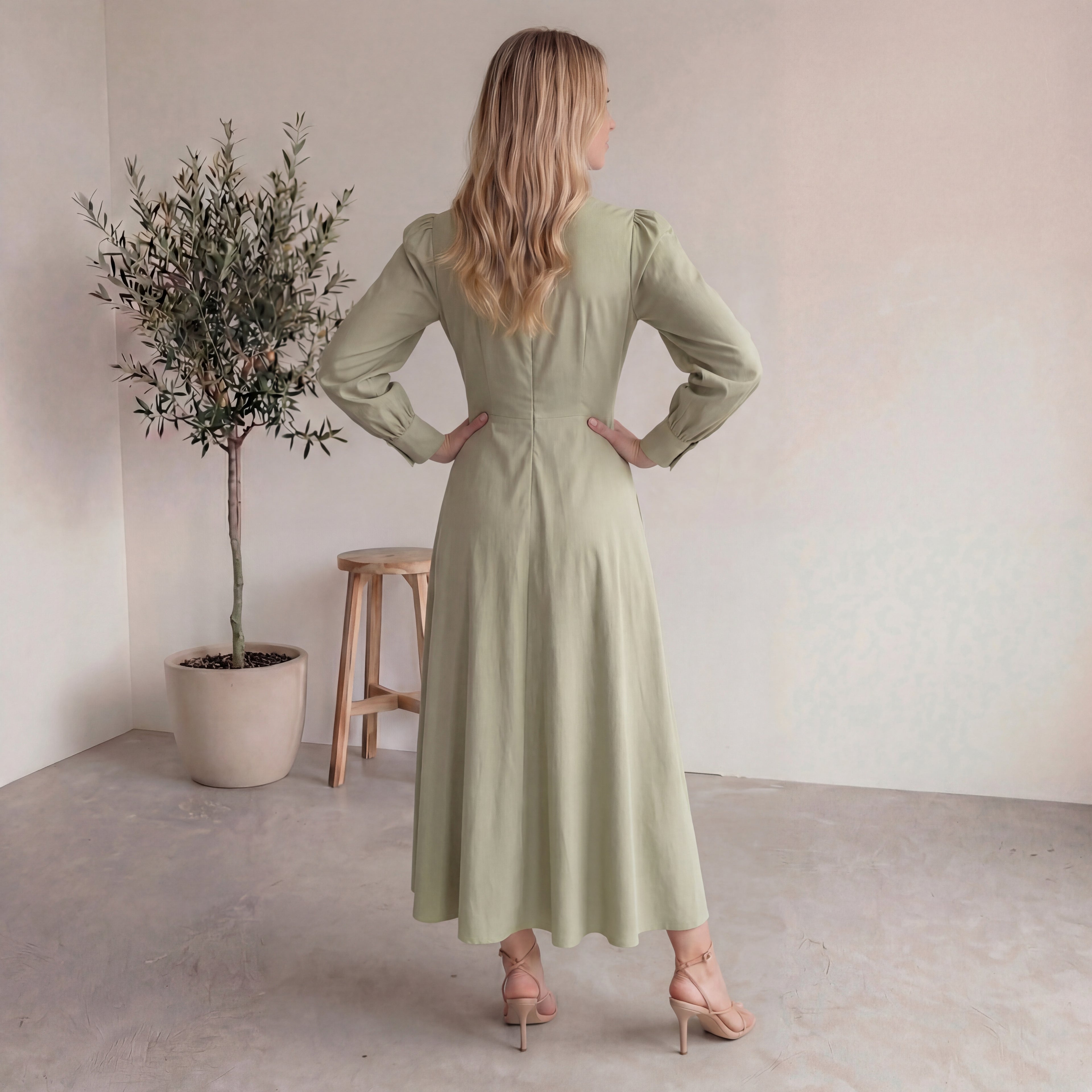 Sage Green Long Sleeve Midi Dress