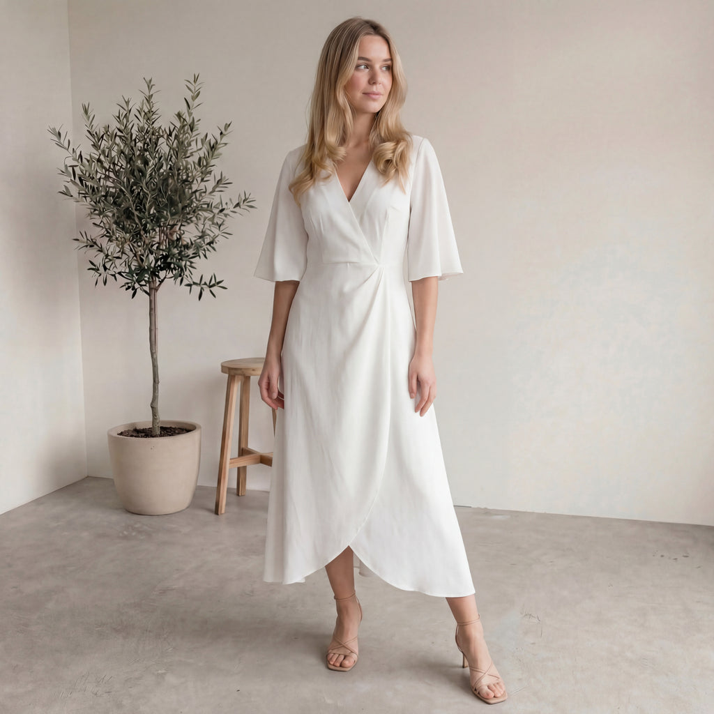 White Satin Wrap Midi Dress