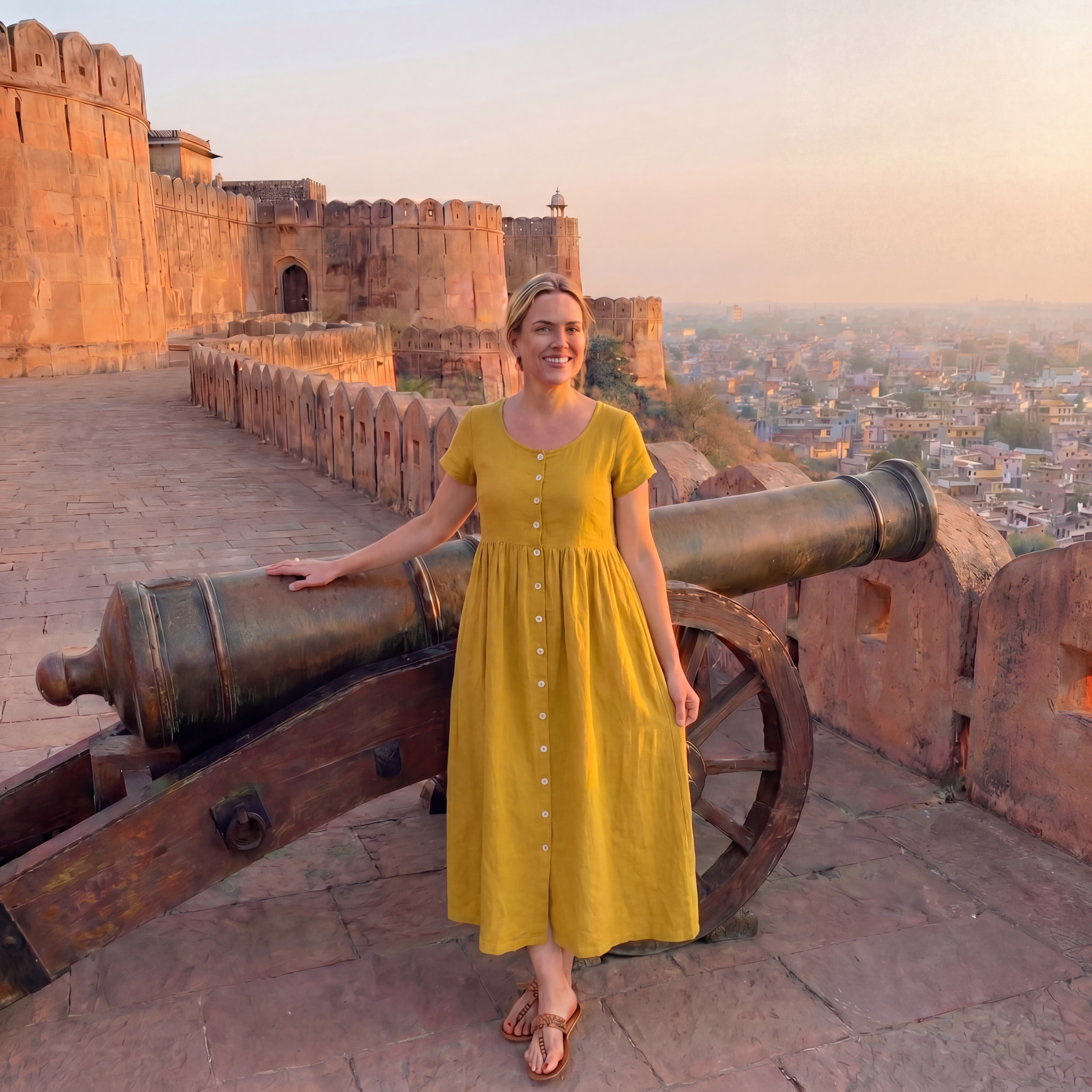Honey Linen Button-Front Midi Dress