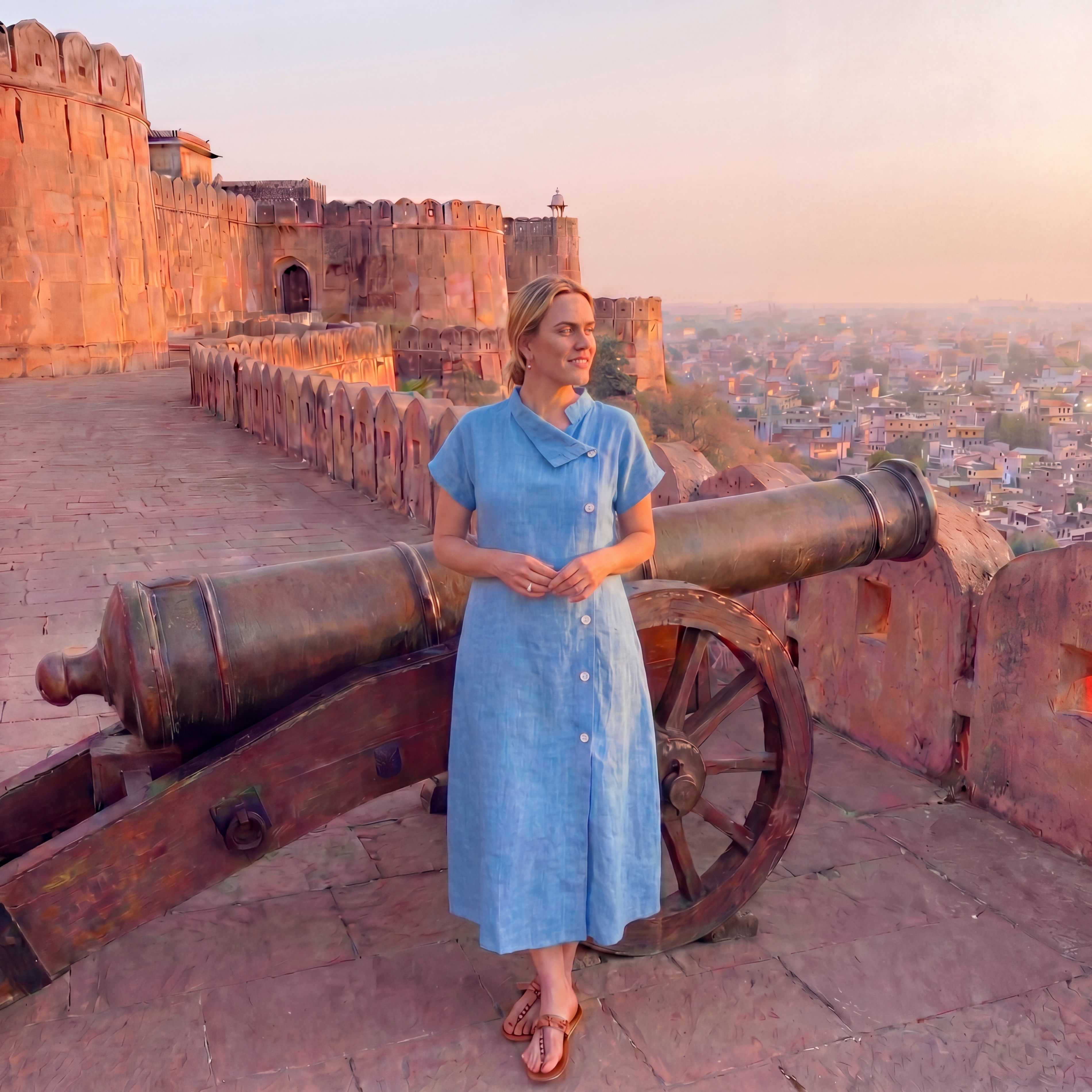 Sky Blue Linen Asymmetric Collar Dress