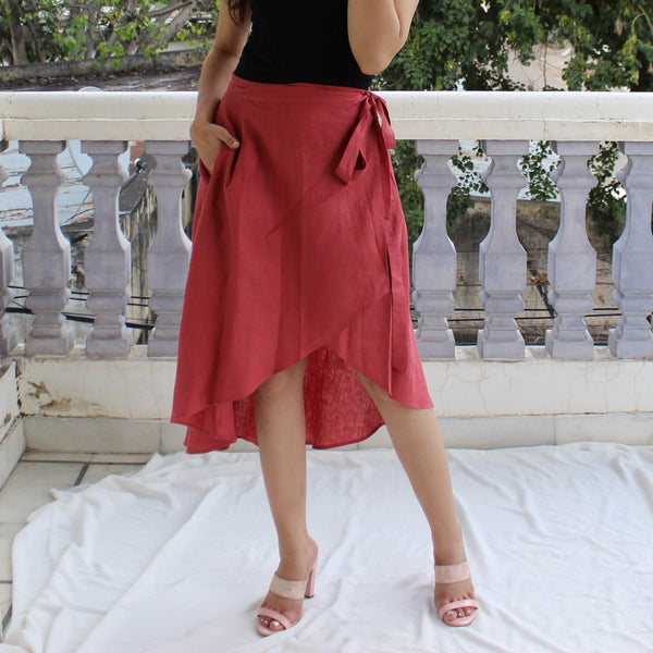 High Waist Linen Wrap Midi Skirt: terracotta high waist linen wrap midi skirt with side tie, front view