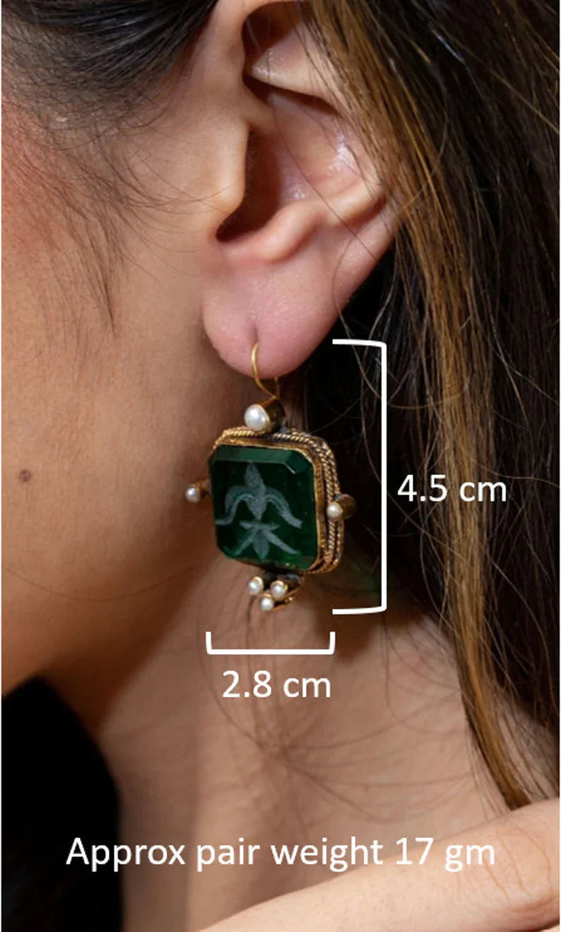 Green Intaglio Earrings, Art Deco Jewelry