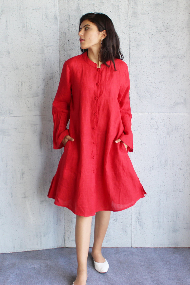 Red Linen Shirt, Long button down Linen shirt, Linen Red kimono, Maternity dress, Long Sleeve Cottagecore Dress, Button Front