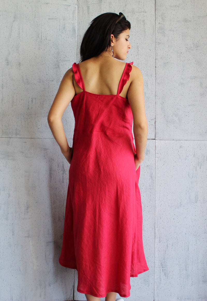 Linen Strappy Midi Dress, Sleeveless Summer Sundress for Women, Flowy A-Line Vacation Outfit, Lightweight Natural Fabric Dress with Pockets