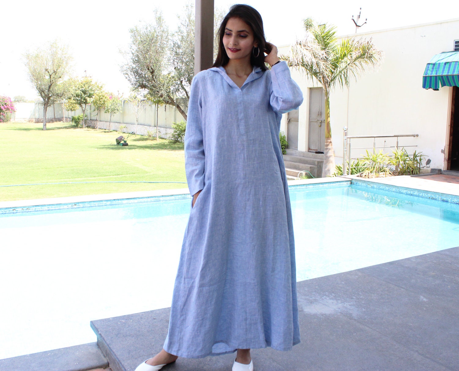 Hooded Long Dress in blue, Long Sleeve Maxi, Full Sleeve Flowy Dress with Pockets, Plus Size Clothing