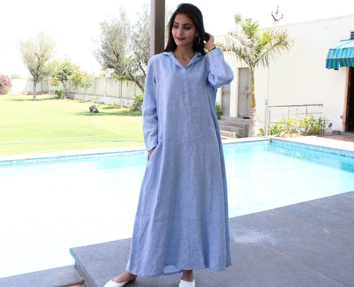 Hooded Long Dress in blue, Long Sleeve Maxi, Full Sleeve Flowy Dress with Pockets, Plus Size Clothing