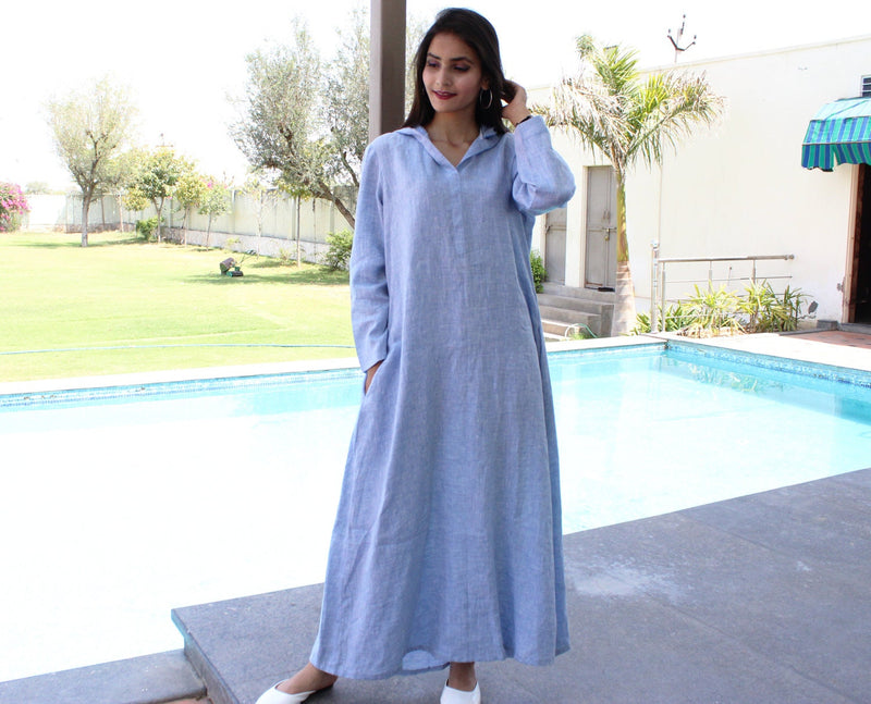 Blue Hooded Linen Maxi Dress