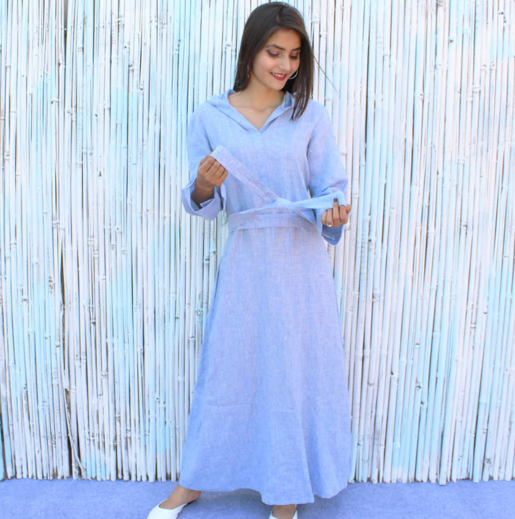Hooded Long Dress in blue, Long Sleeve Maxi, Full Sleeve Flowy Dress with Pockets, Plus Size Clothing