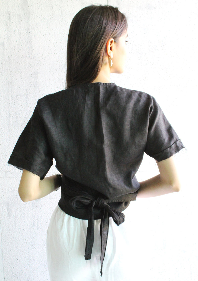 Handmade Black Linen Wrap Top: Boho Chic Short Sleeve Blouse