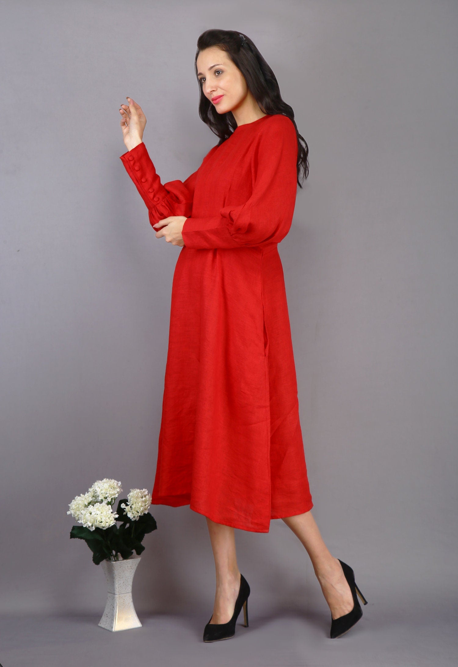 Red Linen Maxi Dress: Long Sleeve Cocktail Party Dress