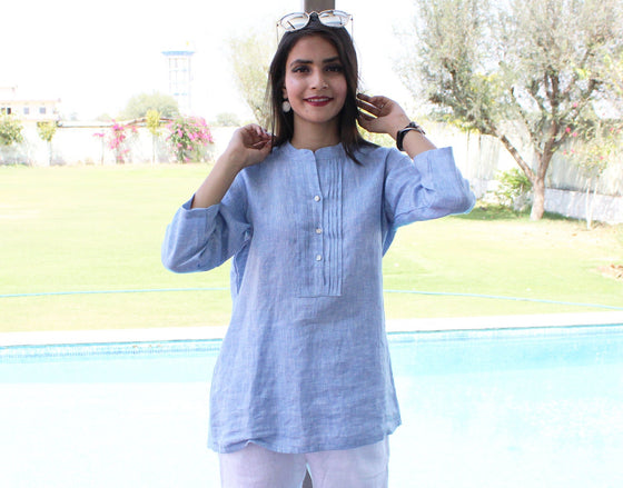 Blue Linen Pintuck Blouse: Long Sleeve Button Top