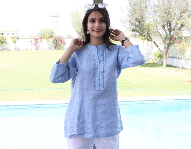 Blue Linen Pintuck Blouse: Long Sleeve Button Top