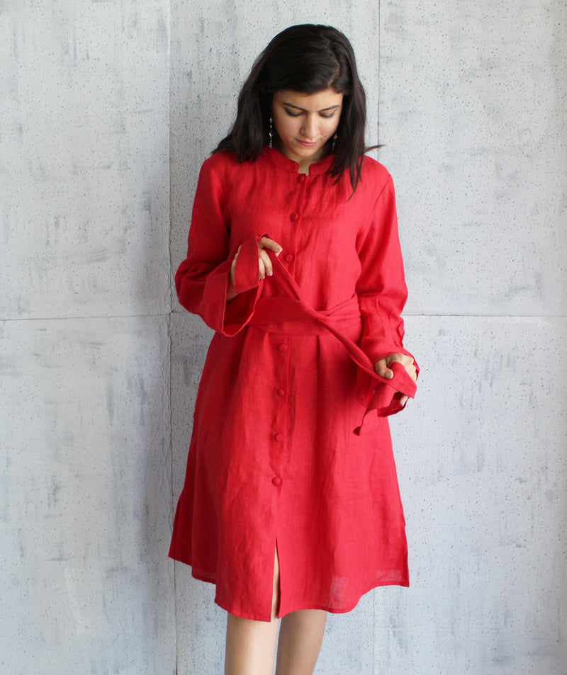Red Linen Shirt, Long button down Linen shirt, Linen Red kimono, Maternity dress, Long Sleeve Cottagecore Dress, Button Front