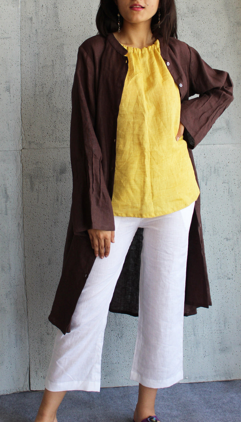 Brown Linen Kimono Jacket, Womens Long Sleeve Open Front Cardigan, Lightweight Layering Linen Coat, linen fall cardigan, linen lounge jacket