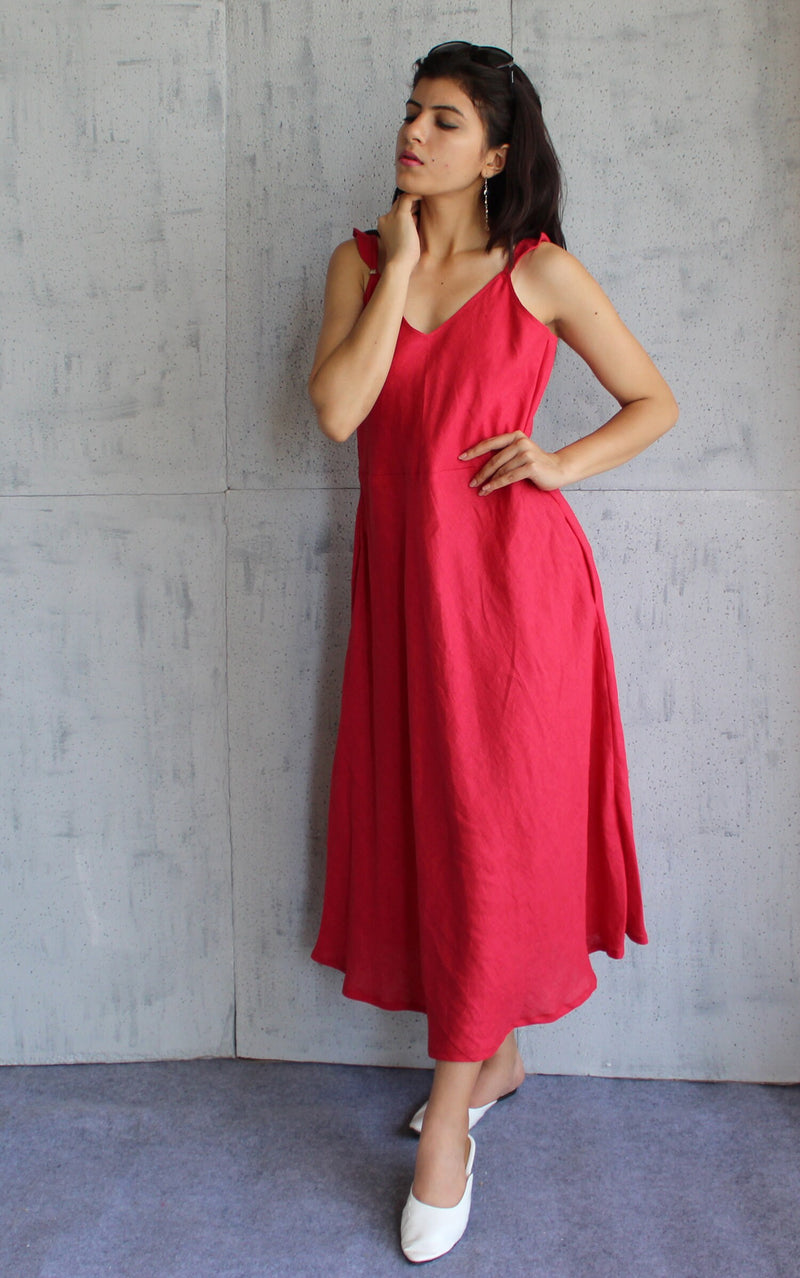 Linen Strappy Midi Dress, Sleeveless Summer Sundress for Women, Flowy A-Line Vacation Outfit, Lightweight Natural Fabric Dress with Pockets