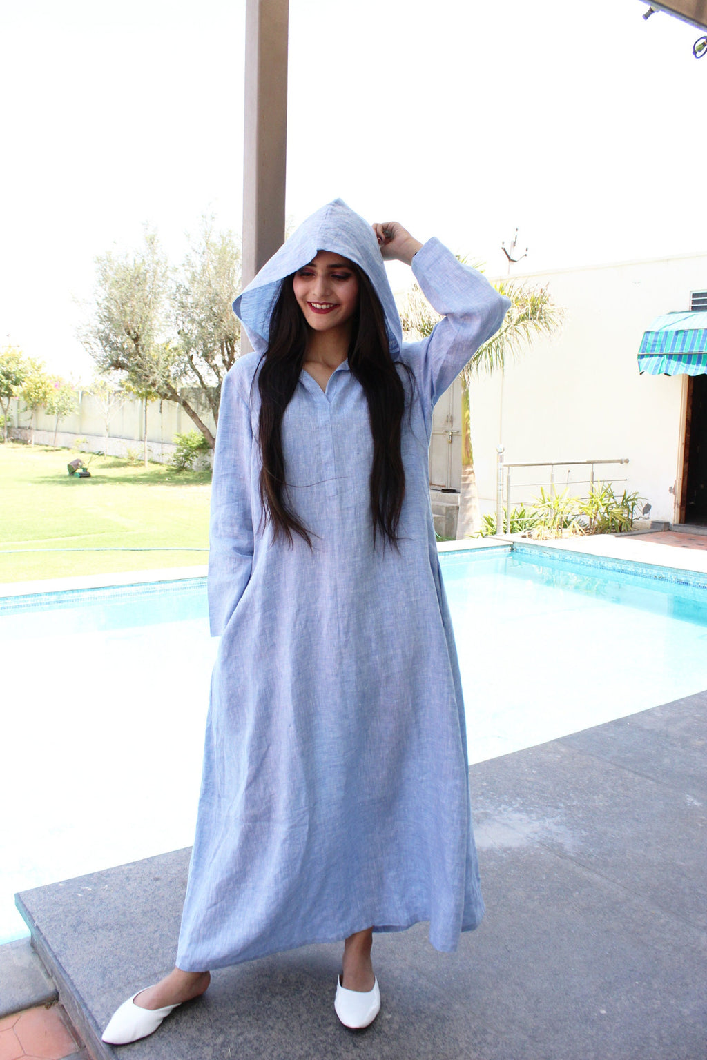 Hooded Long Dress in blue, Long Sleeve Maxi, Full Sleeve Flowy Dress with Pockets, Plus Size Clothing