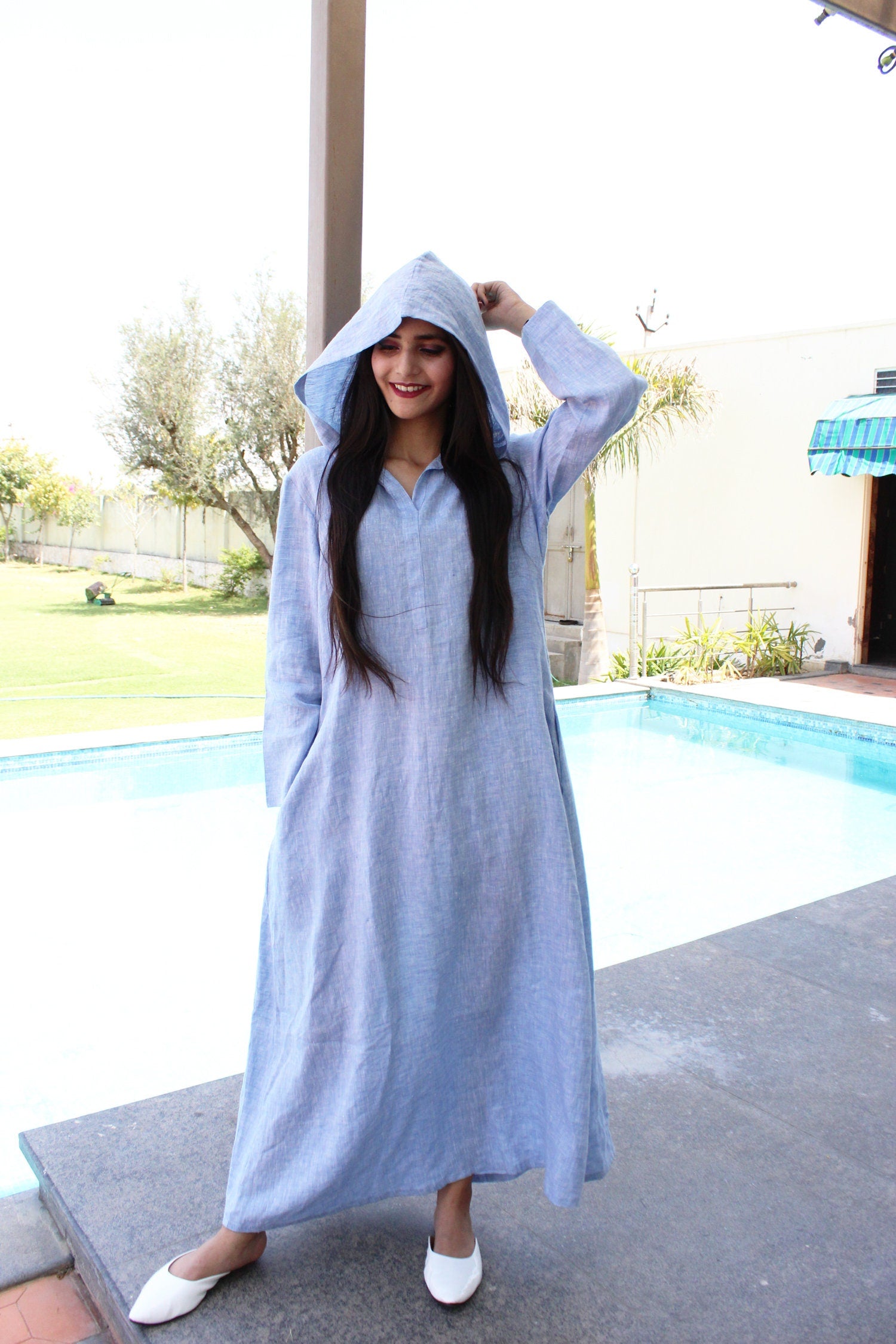 Hooded Long Dress in blue, Long Sleeve Maxi, Full Sleeve Flowy Dress with Pockets, Plus Size Clothing