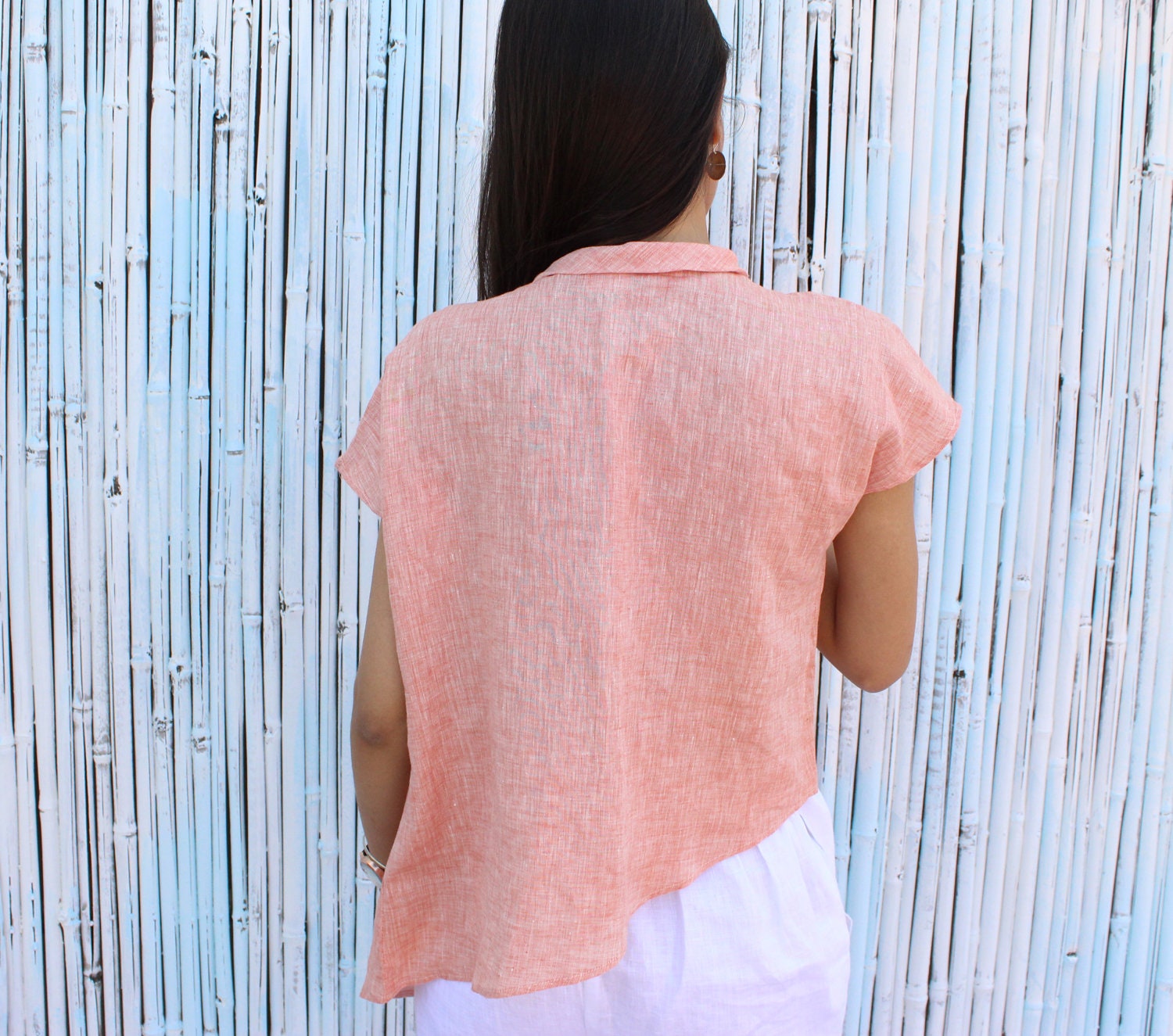 Asymmetric Linen Blouse, Cowl Neck Short Sleeve Top, 100% linen shirt half sleeves buttoned loose tops plus size tops plus size clothing