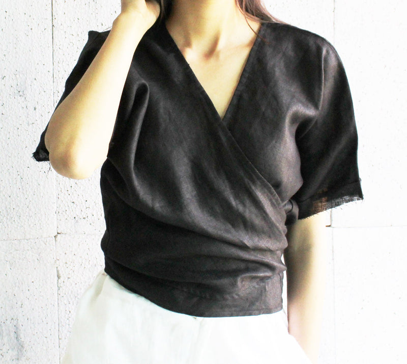 Handmade Black Linen Wrap Top: Boho Chic Short Sleeve Blouse