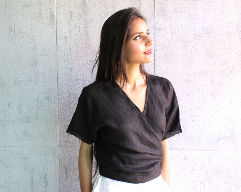 Handmade Black Linen Wrap Top: Boho Chic Short Sleeve Blouse