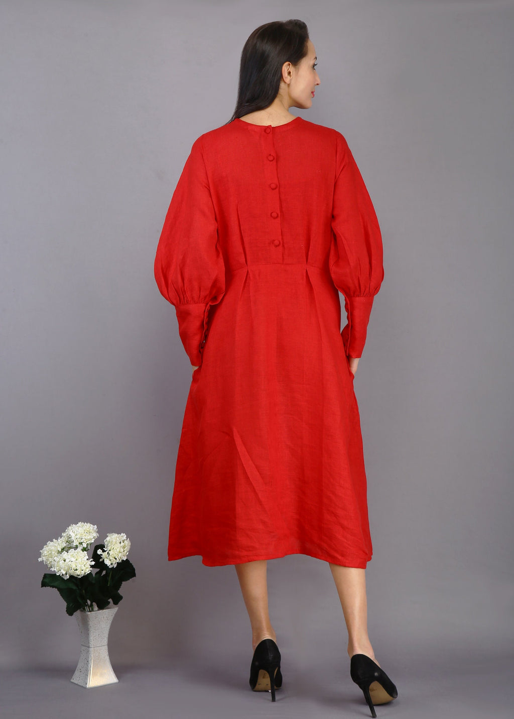 Red Linen Maxi Dress: Long Sleeve Cocktail Party Dress