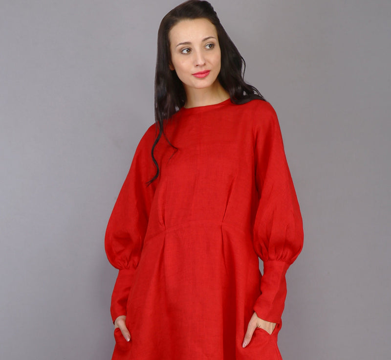Red Linen Maxi Dress, Long Sleeve