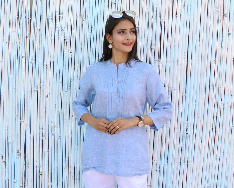 Blue Linen Pintuck Blouse: Long Sleeve Button Top
