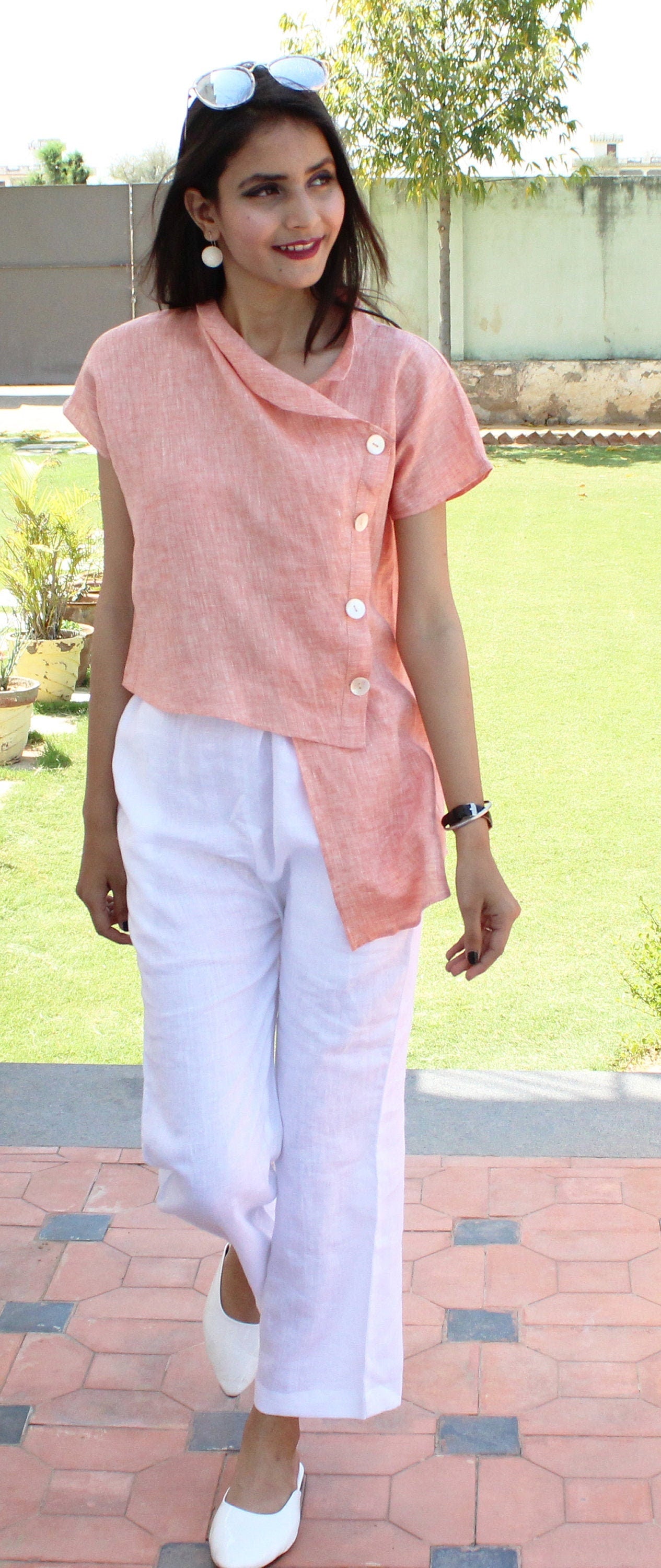 Asymmetric Linen Blouse, Cowl Neck Short Sleeve Top, 100% linen shirt half sleeves buttoned loose tops plus size tops plus size clothing