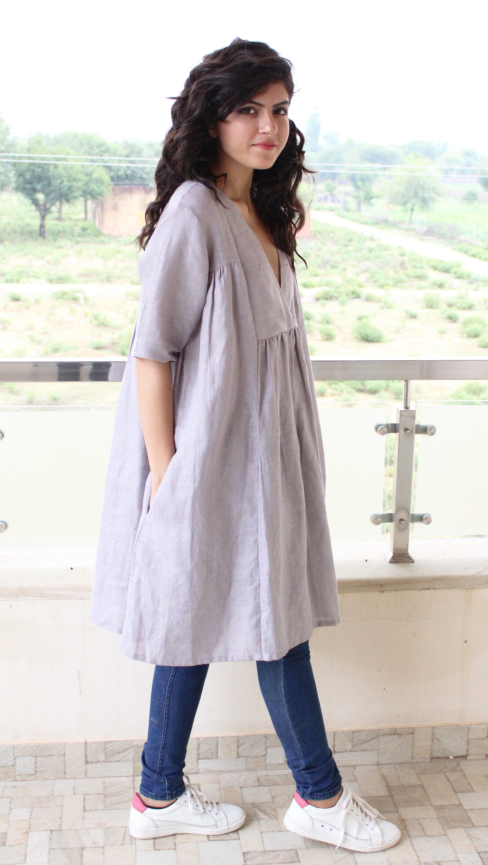 Loose Linen V-Neck Dress, Oversized Summer Clothing, Loose Fit Linen Tunic for Women, Minimalist Summer Tunic with Pockets