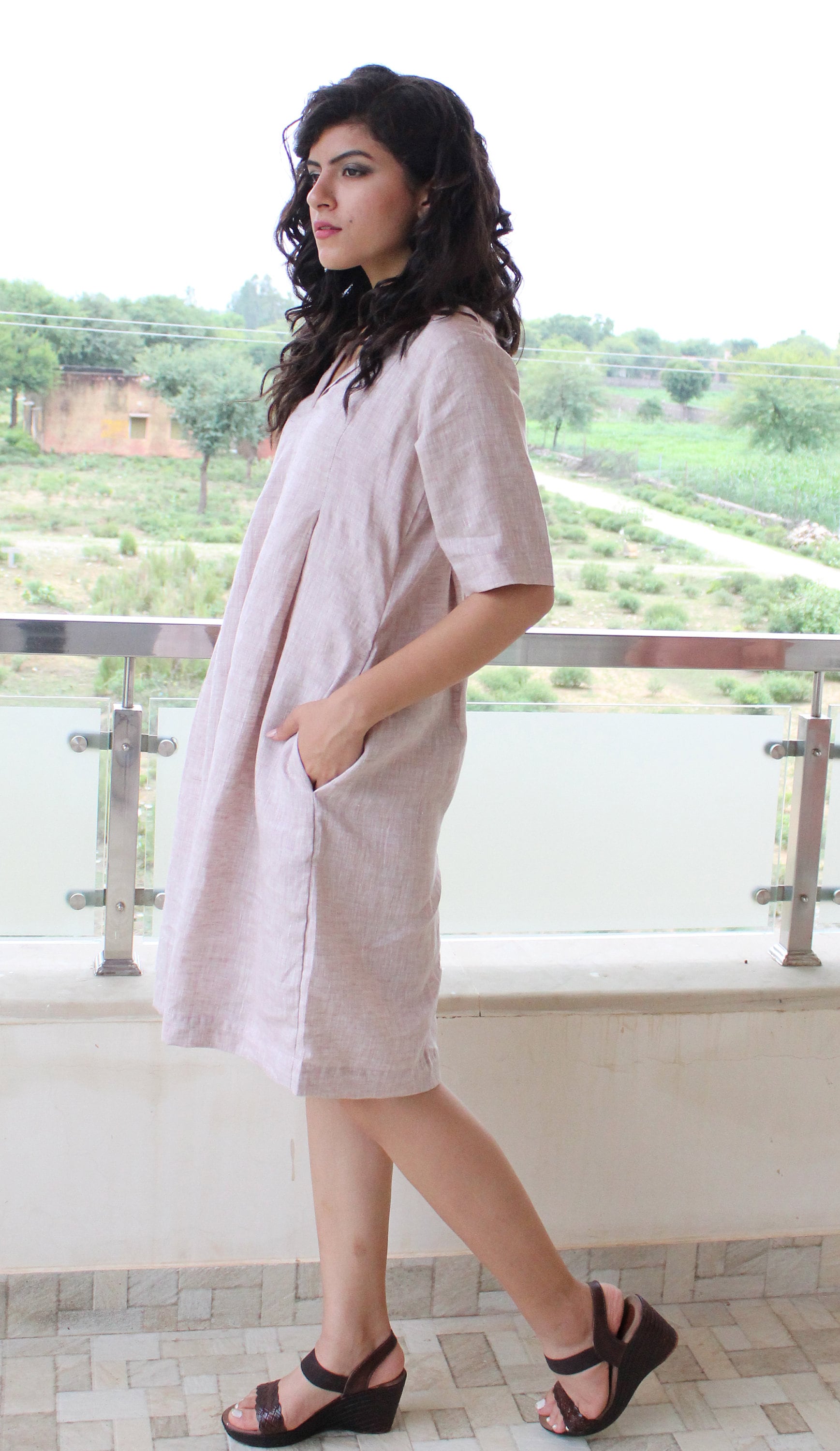 V Neck Natural linen pleated half sleeves midi length comfortable office dress