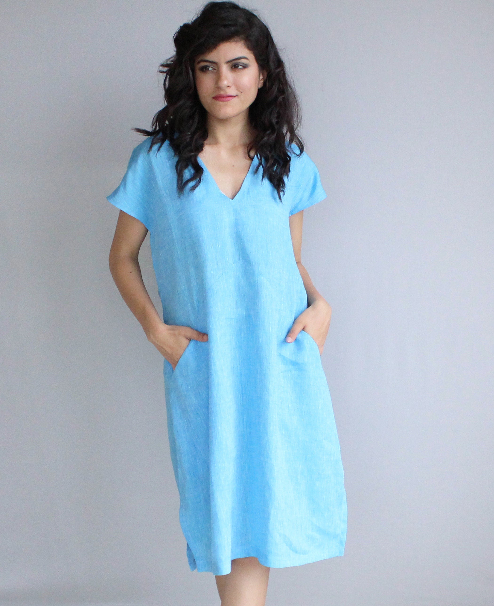 Blue Linen Midi Tunic Dress, Short Sleeve Flax Summer Dress, women linendress, linentunic, casual clothing, minimalist linen outfit