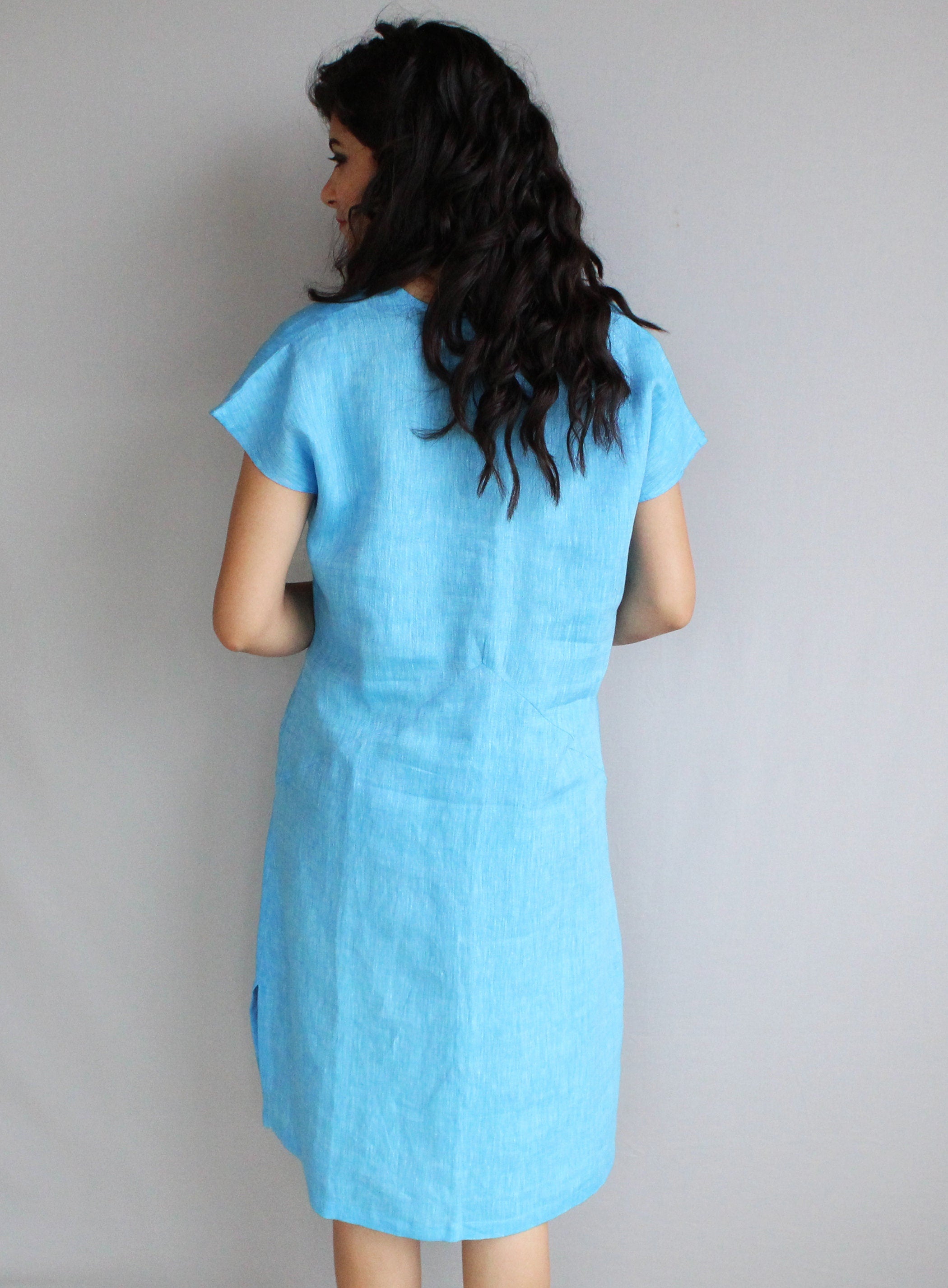 Blue Linen Midi Tunic Dress, Short Sleeve Flax Summer Dress, women linendress, linentunic, casual clothing, minimalist linen outfit
