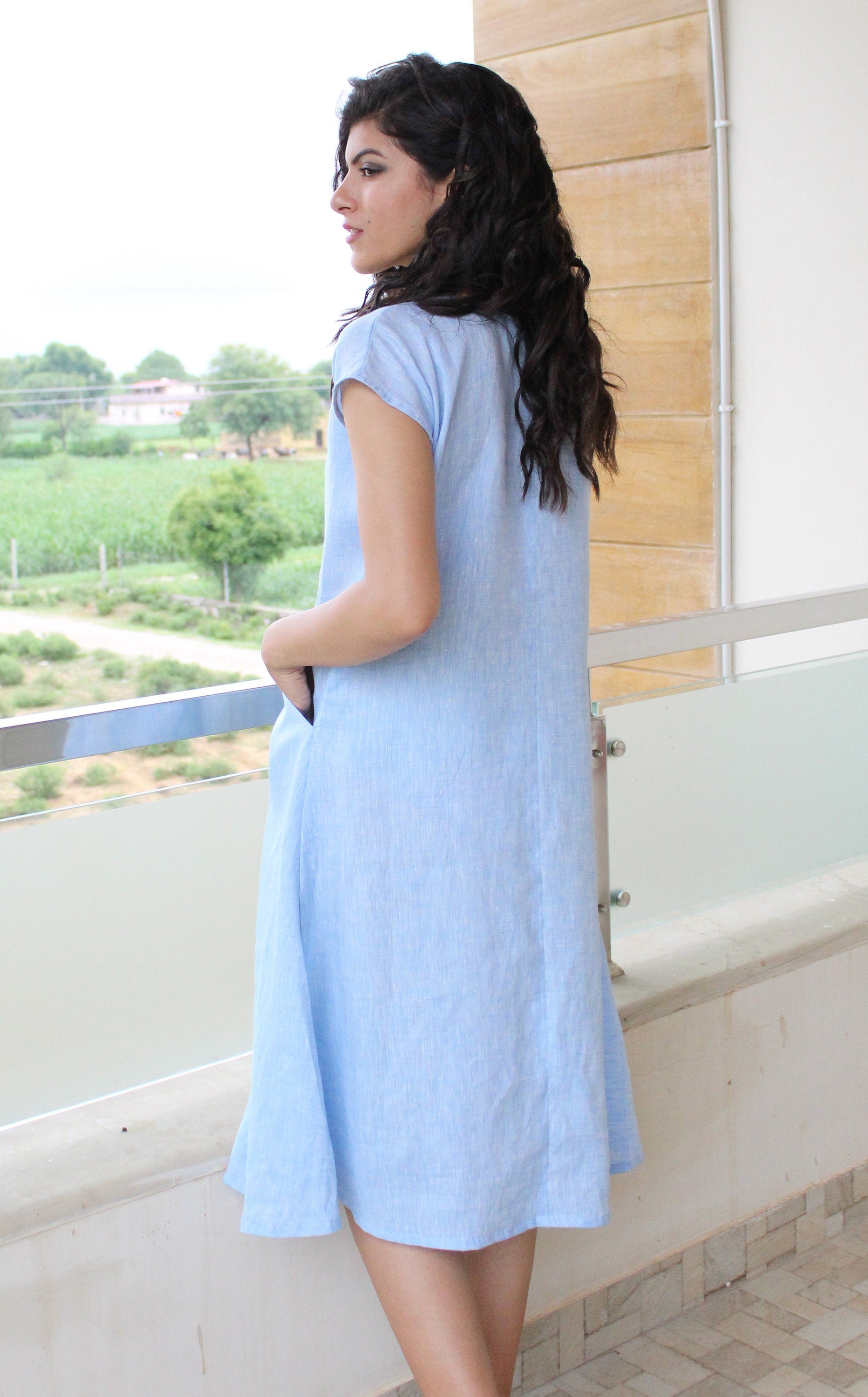Linen Tunic Dress with Pockets Loose Fit Loungewear Drop Shoulder Dress Knee Length Washed Linen Tunic Pehrodesign