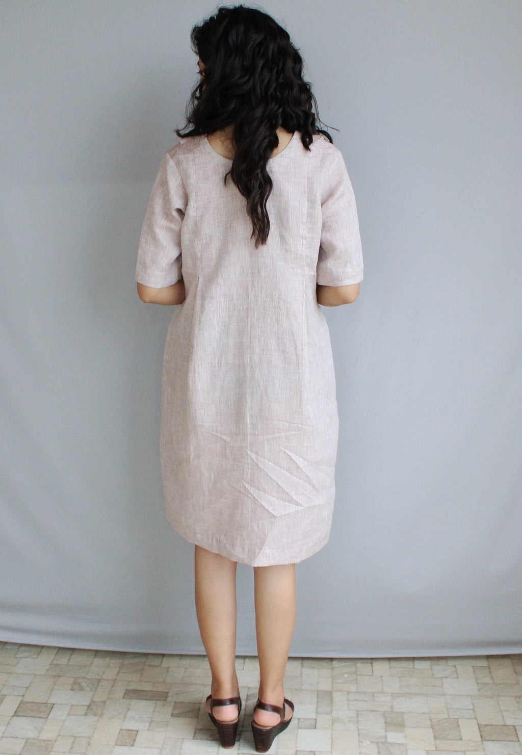 V Neck Natural linen pleated half sleeves midi length comfortable office dress