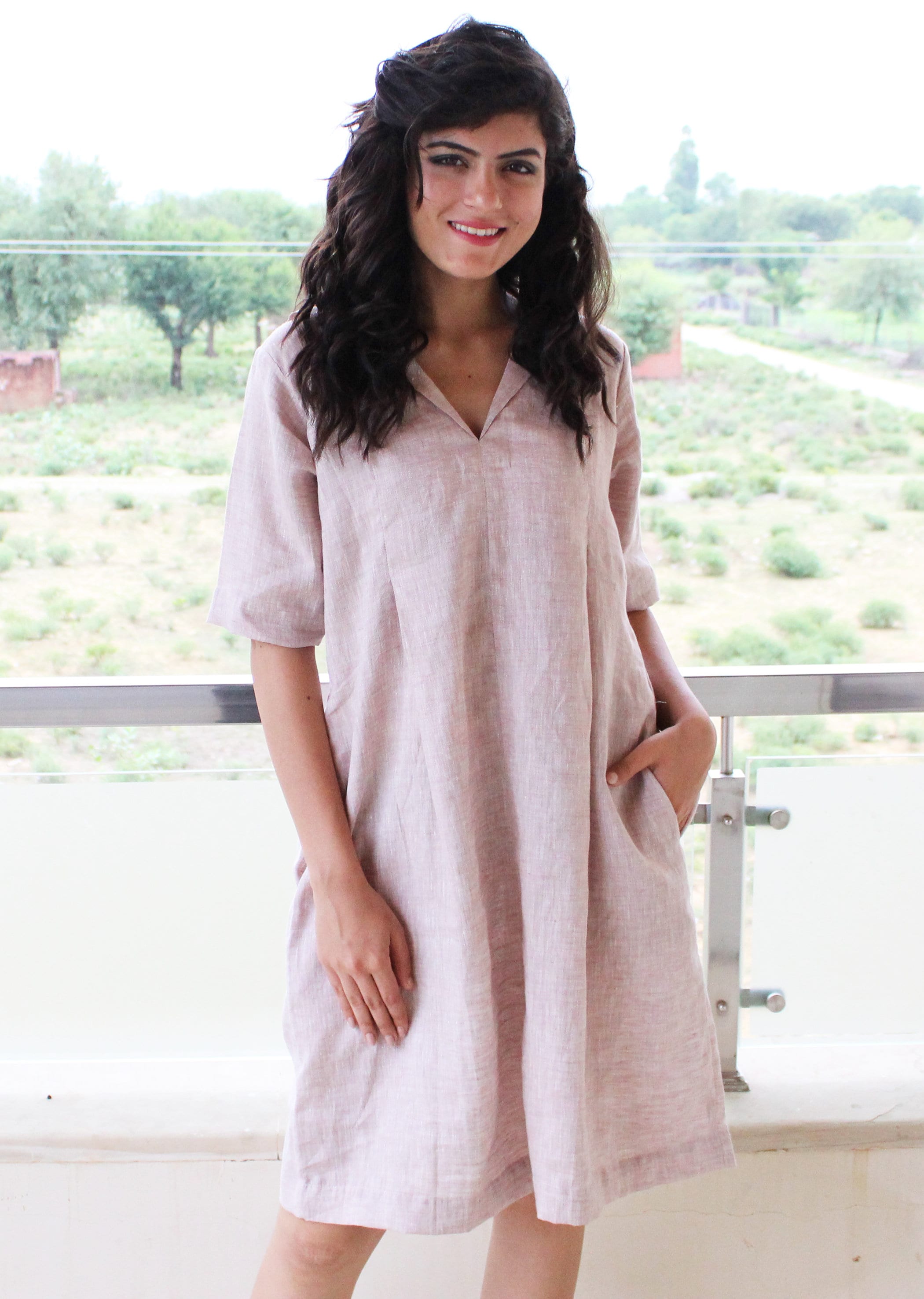 V Neck Natural linen pleated half sleeves midi length comfortable office dress