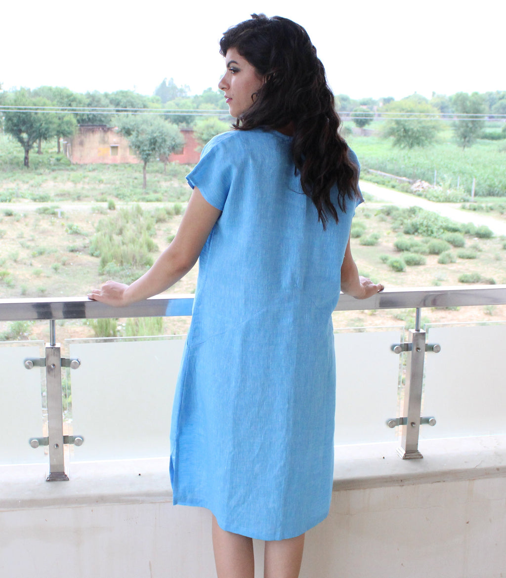 Blue Linen Midi Tunic Dress, Short Sleeve Flax Summer Dress, women linendress, linentunic, casual clothing, minimalist linen outfit