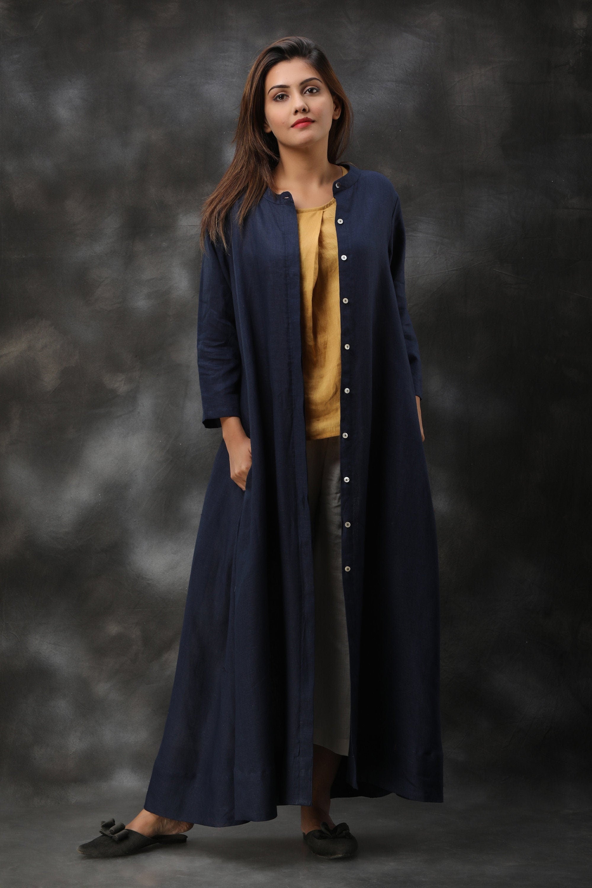 Blue Linen Maxi Dress: Long Kimono Shirt Dress, Plus Size
