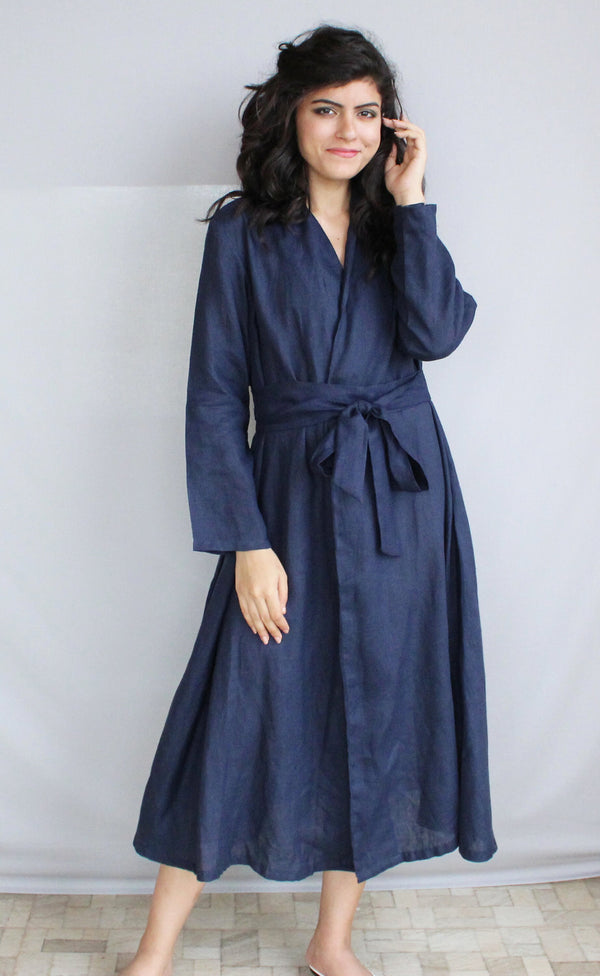 Linen Wrap Dress, Long Sleeve Maxi Robe, Tie Waist Gown, Long Sleeves Shift Dresses Maxi Coat Customized Plus Size Clothing Linen coat